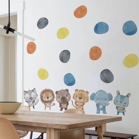 Cartoon Forest Animal Wall Stickers PVC Watercolor Lion Bear Elephant Rabbit Polka Dots Decals Kids Nursery Decoration