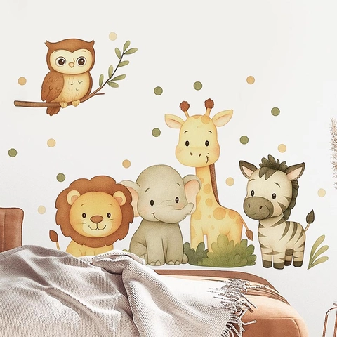 Adesivi Murali Animali Foresta Cartone Animato Acquerello Decalcomanie PVC Impermeabile Per Camera Bambini Asilo Camera Letto Gufo Leone Elefante Giraffa Zebra Decor