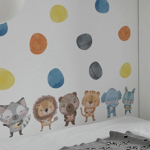 Cartoon Forest Animal Wall Stickers PVC Watercolor Lion Bear Elephant Rabbit Polka Dots Decals Kids Nursery Decoration