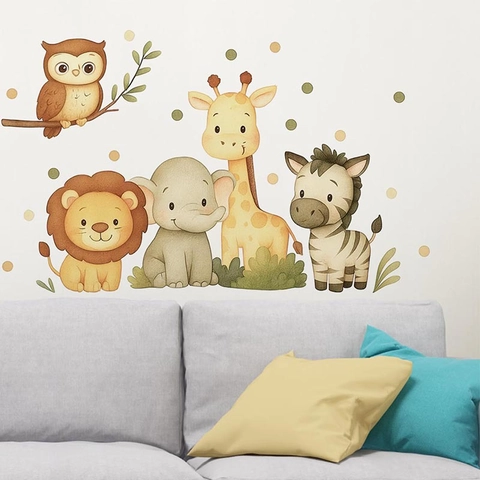 Adesivi Murali Animali Foresta Cartone Animato Acquerello Decalcomanie PVC Impermeabile Per Camera Bambini Asilo Camera Letto Gufo Leone Elefante Giraffa Zebra Decor