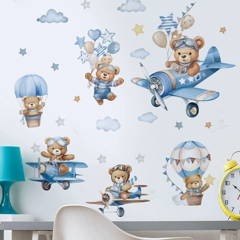Pilot Bear Airplane Hot Air Balloon Wall Stickers For Kids Room Boy Bedroom Nursery PVC Watercolor Cartoon Wall Decals