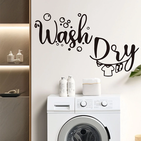 Wash Dry Waschküche Wandaufkleber Schwarz PVC Selbstklebend Briefing Dekal Für Badezimmer Haus Dekor Kunst Wandbild