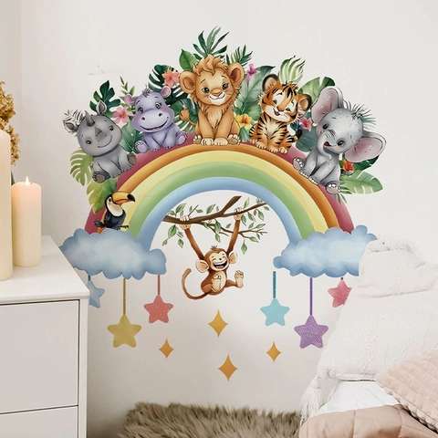 Tier Regenbogen Wandtattoo Für Kinderzimmer Deko PVC Aquarell Cartoon Babyzimmer Wandkunst Aufkleber Für Schlafzimmer