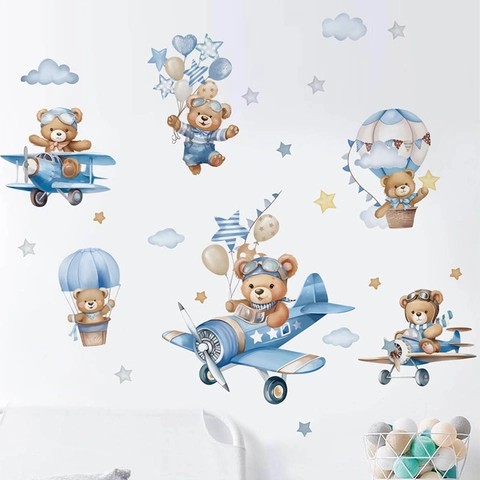 Pilot Bear Airplane Hot Air Balloon Wall Stickers For Kids Room Boy Bedroom Nursery PVC Watercolor Cartoon Wall Decals
