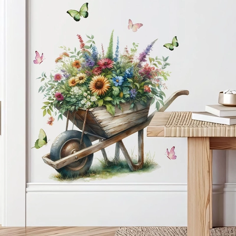 Pegatina de Pared de Carrito de Flores de Pascua en Acuarela PVC Mariposa Calcomanía Floral para Sala de Estar Dormitorio