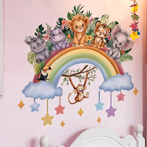 Tier Regenbogen Wandtattoo Für Kinderzimmer Deko PVC Aquarell Cartoon Babyzimmer Wandkunst Aufkleber Für Schlafzimmer