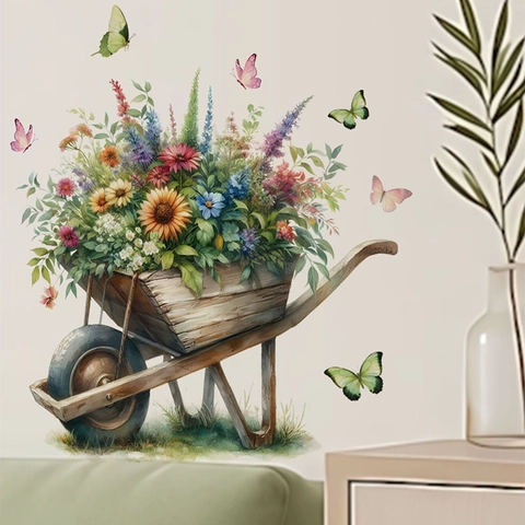 Pegatina de Pared de Carrito de Flores de Pascua en Acuarela PVC Mariposa Calcomanía Floral para Sala de Estar Dormitorio