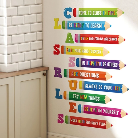 Adesivo da Parete Educativo a Forma di Matita Regole della Classe PVC Autoadesivo Decorazione per Aula per Camera dei Bambini