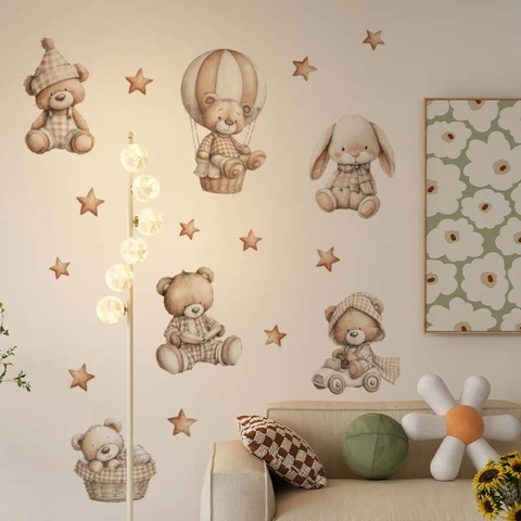 Stickers Muraux Ours en Peluche Dessin Animé Étoiles Aquarelle Animal Lapin Décoration de Crèche Décalcomanie PVC Amovible Pour Enfants
