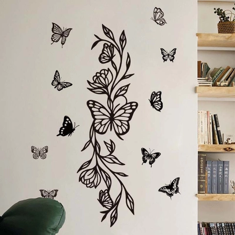 Adesivo Murale Moderno Farfalla Nera Vite di Fiori PVC Impermeabile Autoadesivo Rimovibile per Soggiorno Camera da Letto