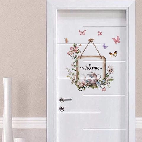 Pastoral Welcome Sign Door Stickers Butterflies Flowers PVC Self Adhesive Wall Decals For Bedroom Living Room Home Decor