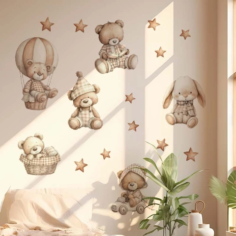 Stickers Muraux Ours en Peluche Dessin Animé Étoiles Aquarelle Animal Lapin Décoration de Crèche Décalcomanie PVC Amovible Pour Enfants