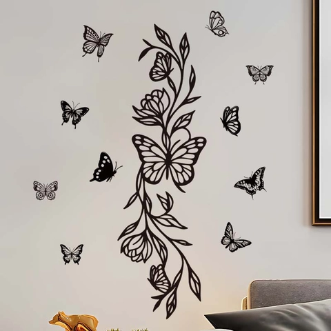 Adesivo Murale Moderno Farfalla Nera Vite di Fiori PVC Impermeabile Autoadesivo Rimovibile per Soggiorno Camera da Letto