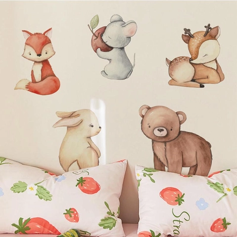 Aquarell Cartoon Waldtiere Wandaufkleber Fuchs Bär Hase Hirsch Maus PVC Wasserdichte Wandtattoo Für Kinderzimmer Deko