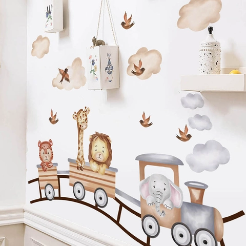Animal Train Wall Sticker Hand Drawn Watercolor PVC Decal For Kids Room Nursery Playroom Decor Cute Forest Animal Wall Art