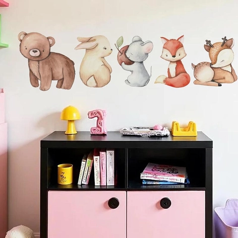 Aquarell Cartoon Waldtiere Wandaufkleber Fuchs Bär Hase Hirsch Maus PVC Wasserdichte Wandtattoo Für Kinderzimmer Deko