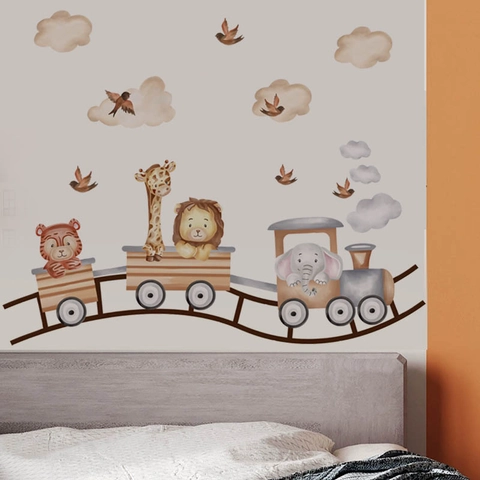 Animal Train Wall Sticker Hand Drawn Watercolor PVC Decal For Kids Room Nursery Playroom Decor Cute Forest Animal Wall Art
