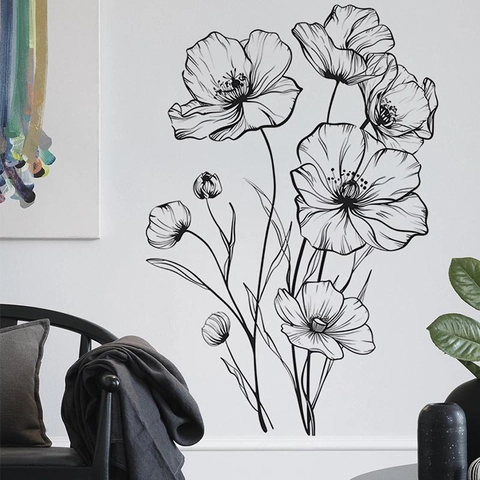 Black Line Art Poppy Flower Wall Decals PVC Artistic Minimalist Floral Wall Stickers For Living Room Bedroom Home Decor