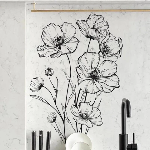 Black Line Art Poppy Flower Wall Decals PVC Artistic Minimalist Floral Wall Stickers For Living Room Bedroom Home Decor