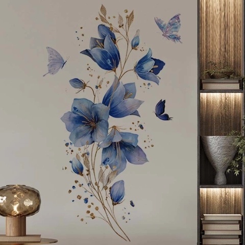 Blaue Blumen Schmetterlinge Wandtattoo Aquarell PVC Selbstklebend Wandaufkleber Für Wohnzimmer Schlafzimmer Home Office Kunst Dekor
