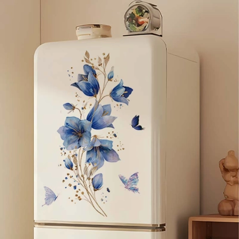 Blaue Blumen Schmetterlinge Wandtattoo Aquarell PVC Selbstklebend Wandaufkleber Für Wohnzimmer Schlafzimmer Home Office Kunst Dekor