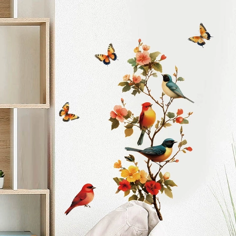 Bird And Branch Wall Stickers Waterproof PVC Self-Adhesive Floral Butterfly Wall Decals For Bedroom Living Room Fridge Decor