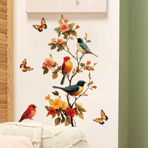 Bird And Branch Wall Stickers Waterproof PVC Self-Adhesive Floral Butterfly Wall Decals For Bedroom Living Room Fridge Decor