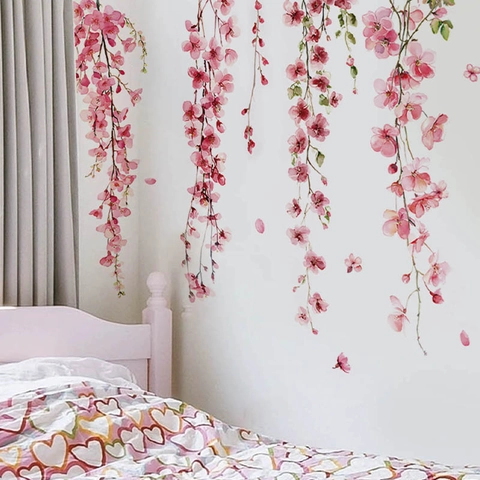 Roze Kersenbloesem Bloemenrank Muurstickers Aquarel Floraal PVC Stickers Zelfklevende Muurkunst Voor Slaapkamer Woonkamer Decoratie