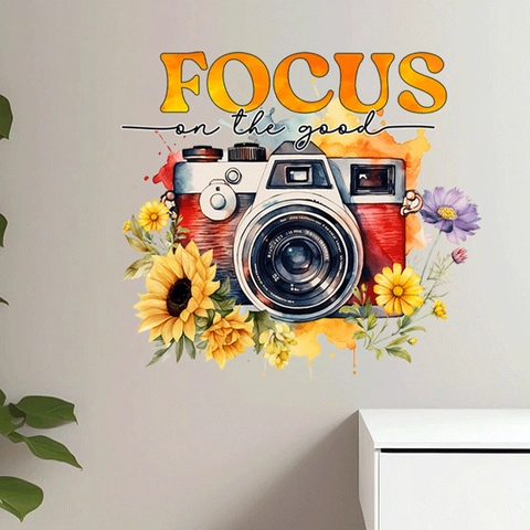Vintage Kamera Sonnenblume Wandtattoo FOCUS On The Good Aquarell Floral PVC Aufkleber Für Wohnzimmer Schlafzimmer Deko