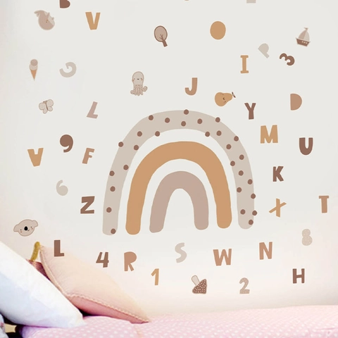 Bohemian Earth Tone Rainbow Wall Decals With Alphabet And Numbers Educational PVC Wall Stickers For Kids Nursery Bedroom Decoration