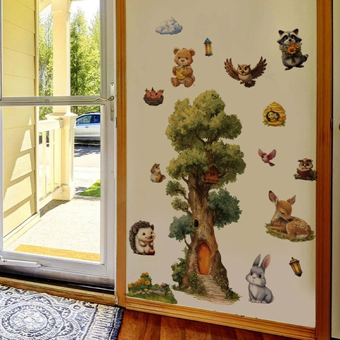 Forest Animals Tree Wall Sticker PVC Watercolor Self-Adhesive Decal For Kids Room Nursery Bedroom Cartoon Home Decoration
