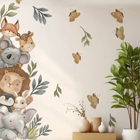 Adesivo da Parete Animali della Foresta Cartone Impermeabile PVC Acquerello Safari Decorazione per Cameretta Bambini