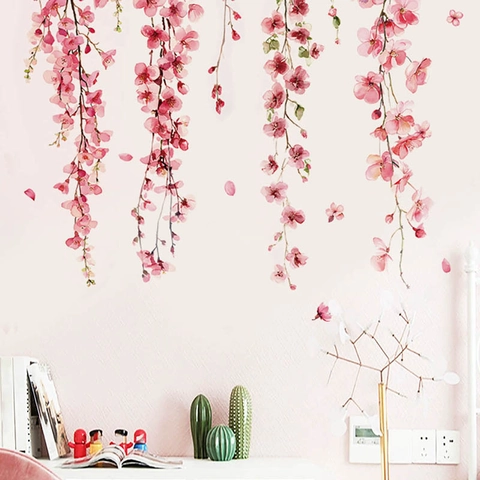 Roze Kersenbloesem Bloemenrank Muurstickers Aquarel Floraal PVC Stickers Zelfklevende Muurkunst Voor Slaapkamer Woonkamer Decoratie
