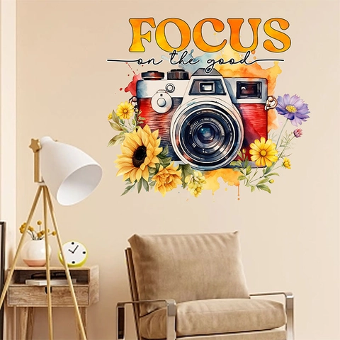 Vintage Kamera Sonnenblume Wandtattoo FOCUS On The Good Aquarell Floral PVC Aufkleber Für Wohnzimmer Schlafzimmer Deko