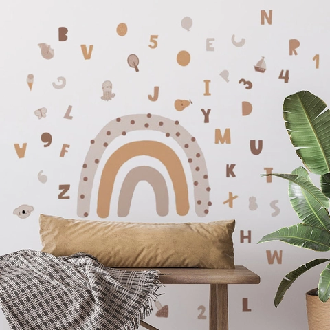 Bohemian Earth Tone Rainbow Wall Decals With Alphabet And Numbers Educational PVC Wall Stickers For Kids Nursery Bedroom Decoration