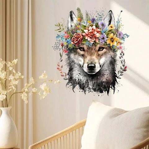 Adesivo da Parete in PVC con Corona di Fiori Acquerello Animale Lupo Panda per Cameretta Bambini Asilo Decorazione Casa Rimovibile