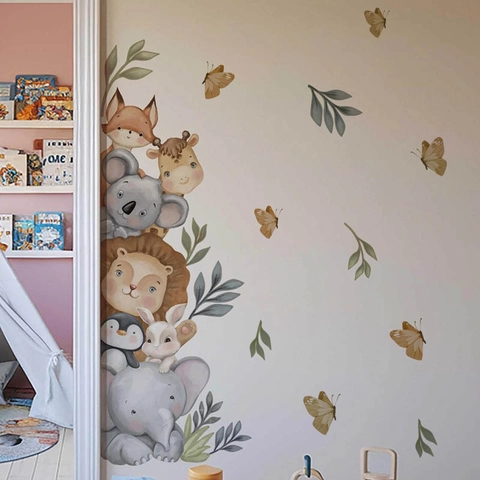 Adesivo da Parete Animali della Foresta Cartone Impermeabile PVC Acquerello Safari Decorazione per Cameretta Bambini