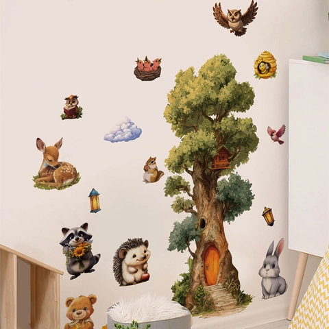 Forest Animals Tree Wall Sticker PVC Watercolor Self-Adhesive Decal For Kids Room Nursery Bedroom Cartoon Home Decoration