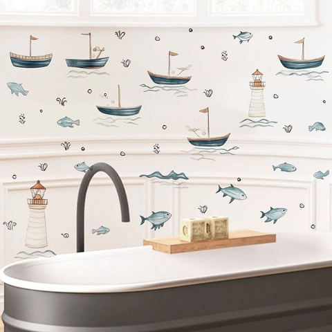 Nautische Zeilboot Vis Vuurtoren PVC Muurstickers Aquarel Handgeschilderde Waterdichte Decals Voor Kinderkamer Badkamer Decoratie