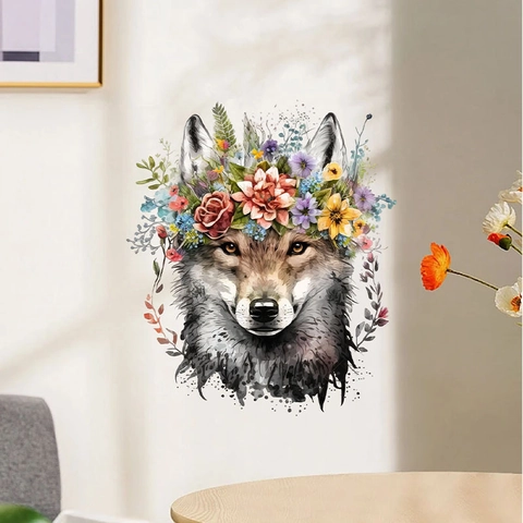Adesivo da Parete in PVC con Corona di Fiori Acquerello Animale Lupo Panda per Cameretta Bambini Asilo Decorazione Casa Rimovibile