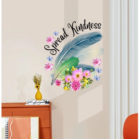 Spread Kindness Piuma Floreale Adesivo da Parete PVC Rimovibile per Soggiorno Camera da Letto Casa Moderna Decorazione Murale