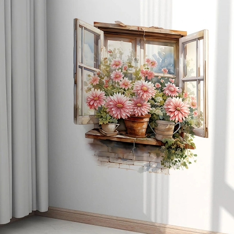 3D Romantic Pink Rose Flower Window View Wall Sticker PVC Watercolor Floral Pastoral Decal For Living Room Bedroom Decor