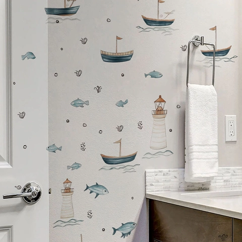 Nautische Zeilboot Vis Vuurtoren PVC Muurstickers Aquarel Handgeschilderde Waterdichte Decals Voor Kinderkamer Badkamer Decoratie