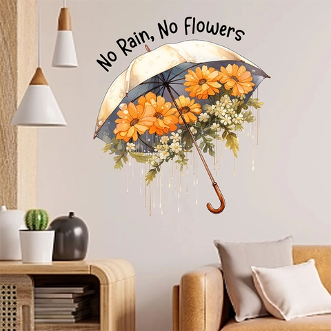 Αυτοκόλλητο Τοίχου No Rain No Flowers PVC Ανθική Ομπρέλα Διακοσμητικό Τοίχου Για Καθιστικό Υπνοδωμάτιο Μοντέρνα Διακόσμηση Σπιτιού