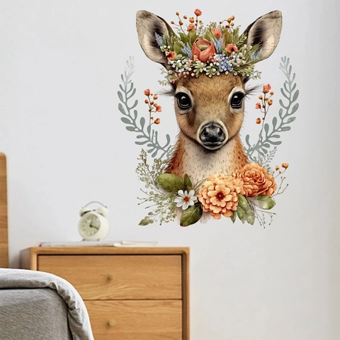 Flower Crown Fawn Wall Sticker Cartoon Deer Wall Decal Self Adhesive PVC Mural For Bedroom Nursery Living Room Home Decor