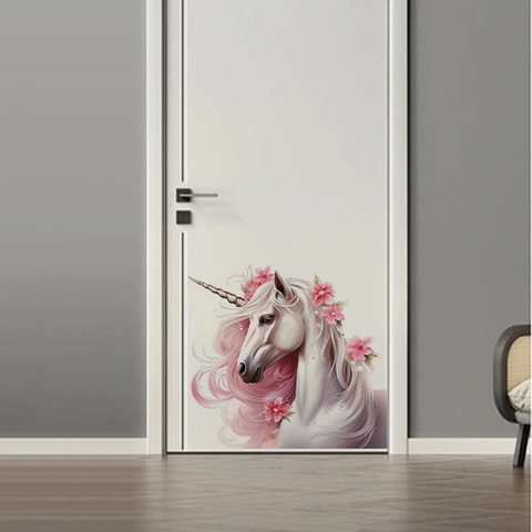 Dromerige Eenhoorn Muursticker Roze Lang Haar Bloemen PVC Zelfklevend Waterdicht Muursticker Voor Kinderkamer Decoratie