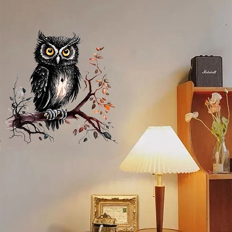 Künstlerische Schwarze Eule Auf Ast Wandtattoo Abnehmbare PVC Aufkleber Für Wohnzimmer Schlafzimmer Arbeitszimmer Heimdekoration