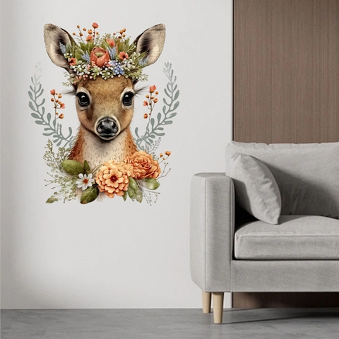Flower Crown Fawn Wall Sticker Cartoon Deer Wall Decal Self Adhesive PVC Mural For Bedroom Nursery Living Room Home Decor