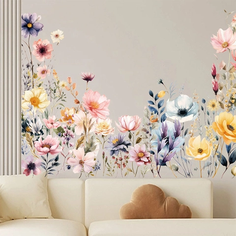 Pegatinas de Pared de Flores de Acuarela Calcomanías de Pared de PVC Extraíbles para Sala de Estar Dormitorio Decoración Hogar