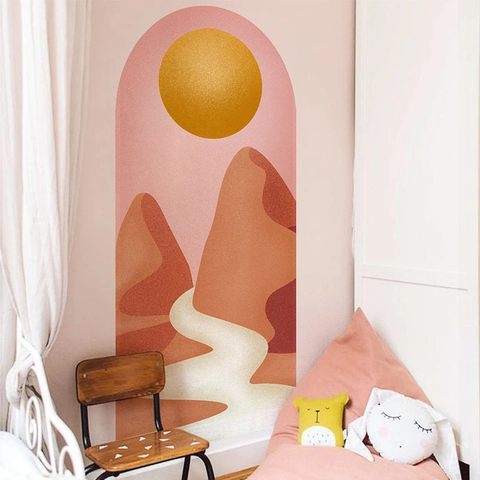 Adesivo Murale ad Arco Astratto Sole Montagna Deserto Paesaggio Moderno Minimalista PVC Autoadesivo Boho Arte Murale Arredamento